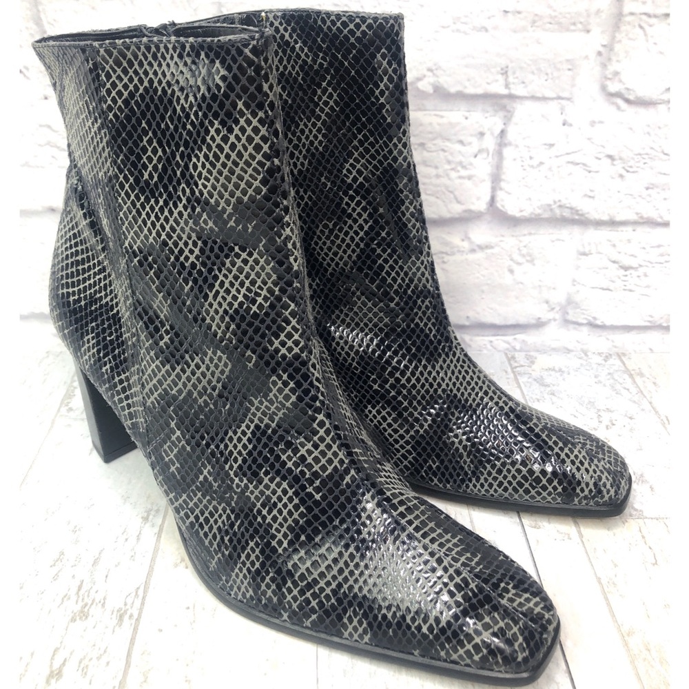 Coup D'etat Gray Snakeskin Print Stack Heel Zip Up